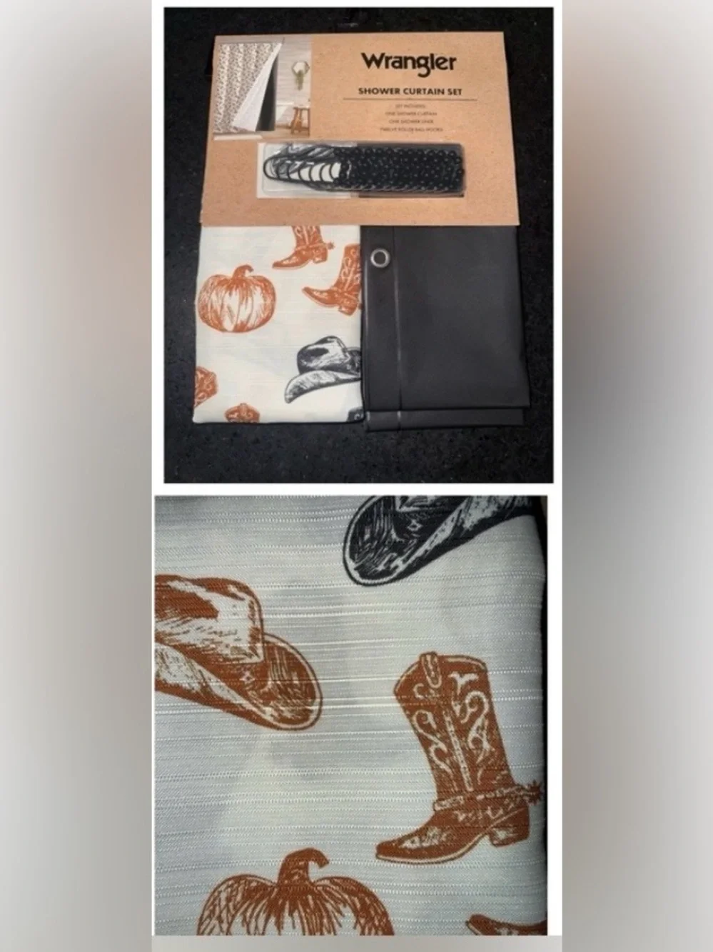 NEW Wrangler AUTUMN Pumpkin & Cowboy HAT & BOOTS Shower Curtain Set